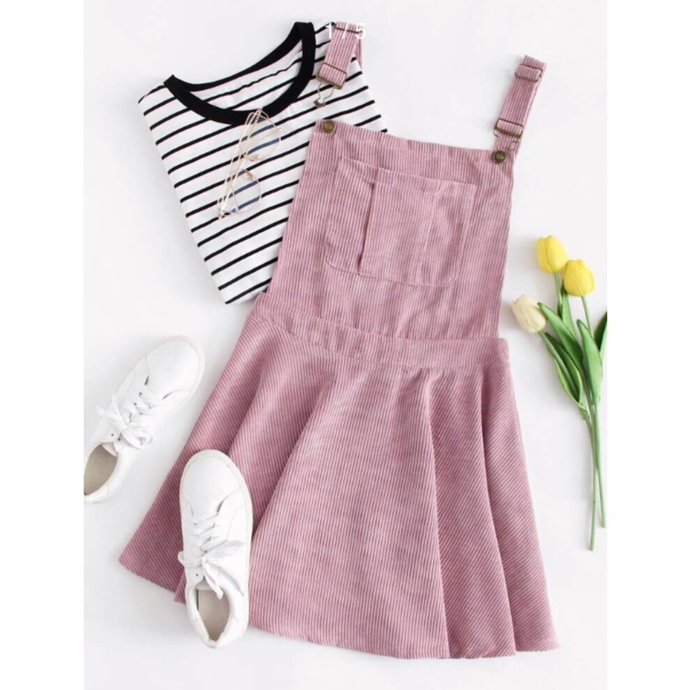 Pink Corduroy Overall Dress with Skater Skirt